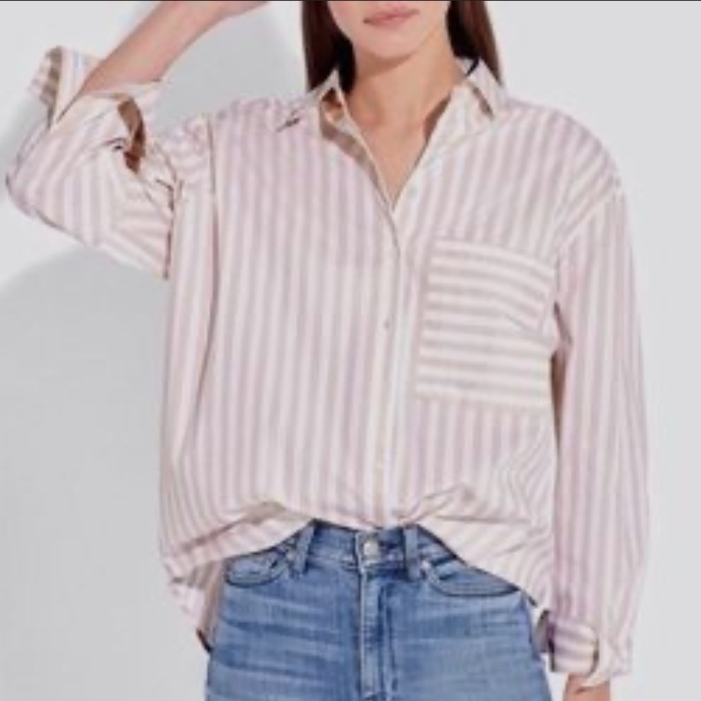 AYR Women's Striped Button Down Shirt - Gray and White